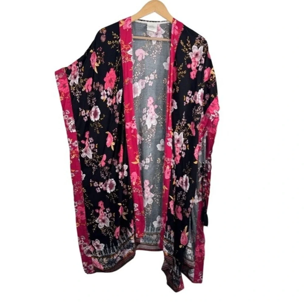 Knox Rose Kimono Cardigan sz M/L Black Pink Floral‎ whimsigoth oriental